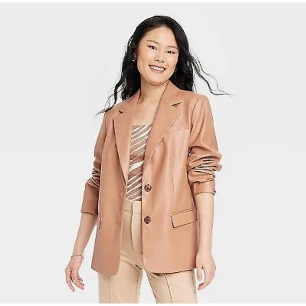 Women's S Small Blazer Light Brown Faux Leather Relaxed Fit Jacket - A New Day